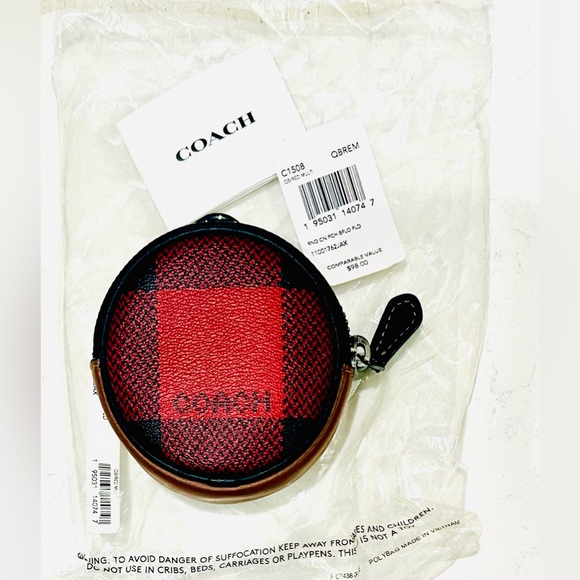 New Coach Round Coin Case With Buffalo Plaid Print - Deadstock RARE - Picture 3 of 16